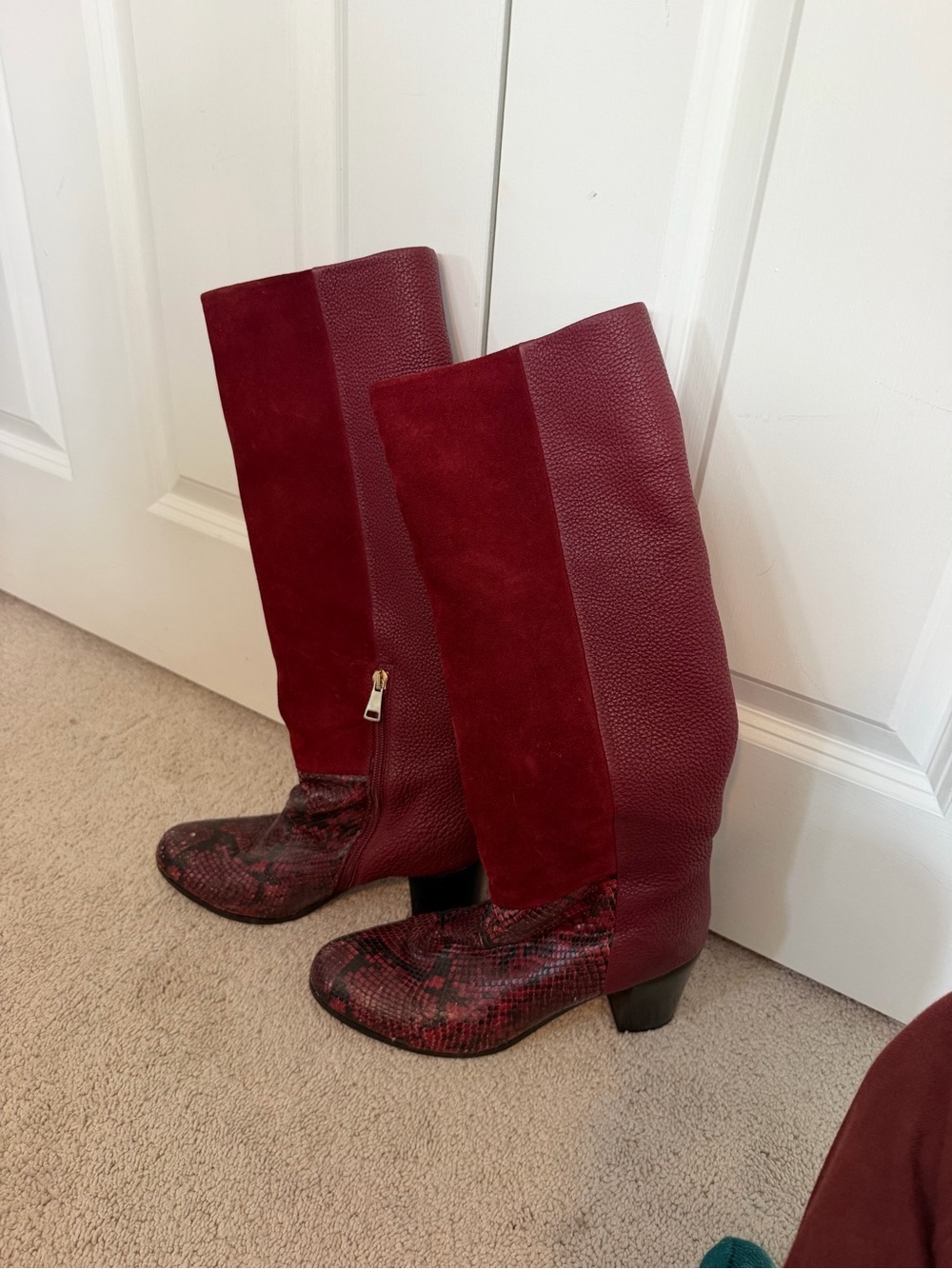 Nordstrom Burgundy Two-Tone Leather & Suede Mid-Calf Heeled Boots
